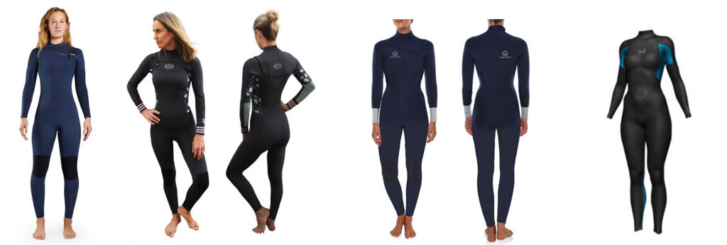 Adelio Brinkley Ladies 3-2mm Long Sleeve Steamer and Reeflex Flora Zipperless Ladies Steamer 3-2mm and Ocean Earth Ladies Chest Zip Steamer Wetsuit 3-2mm and MadDog Womens Steamer Wetsuit